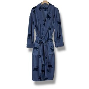 Croft & Barrow Mens Fleece Robe One Size Blue Moose Print Tie Belt Pockets Cozy